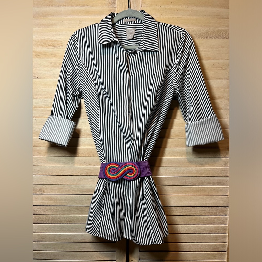 Chicos hidden button up with classic black pinstripes (belt not included!)